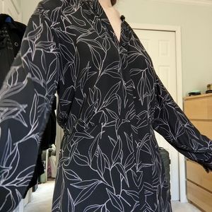 Long Sleeve Leaf Pattern Button Down Midi Dress